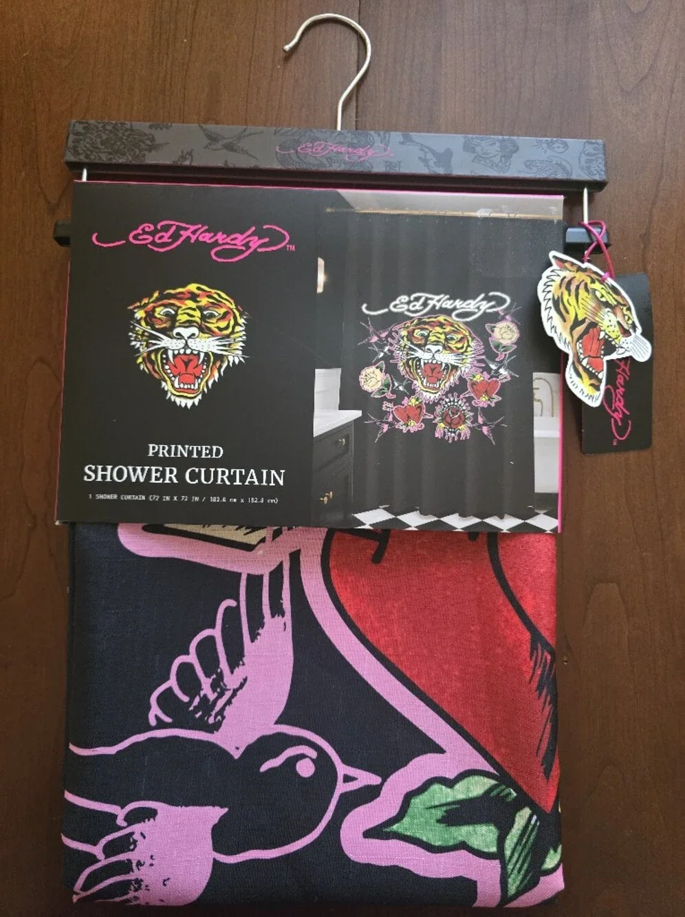 Ed Hardy Black Shower Curtain with Pink, Red and Green Tiger 🐯 Graphic, NWT!